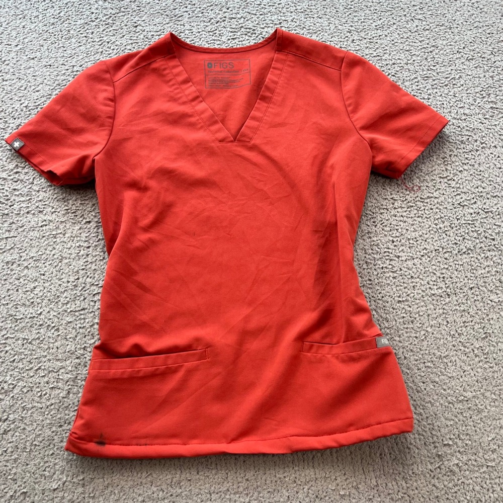 FIGS Technical Collection Women XXS V-Neck Scrub Top Red Orange Pockets 6333